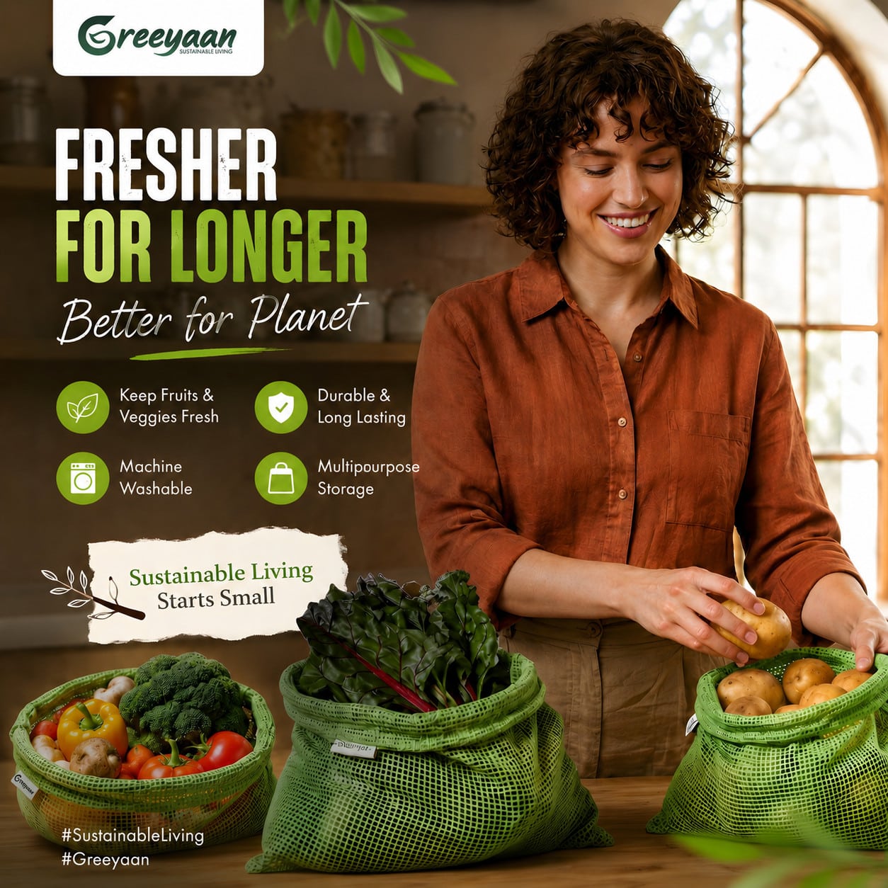 Vegetable Storage Bags for Fridge - 100% Cotton - Image 2